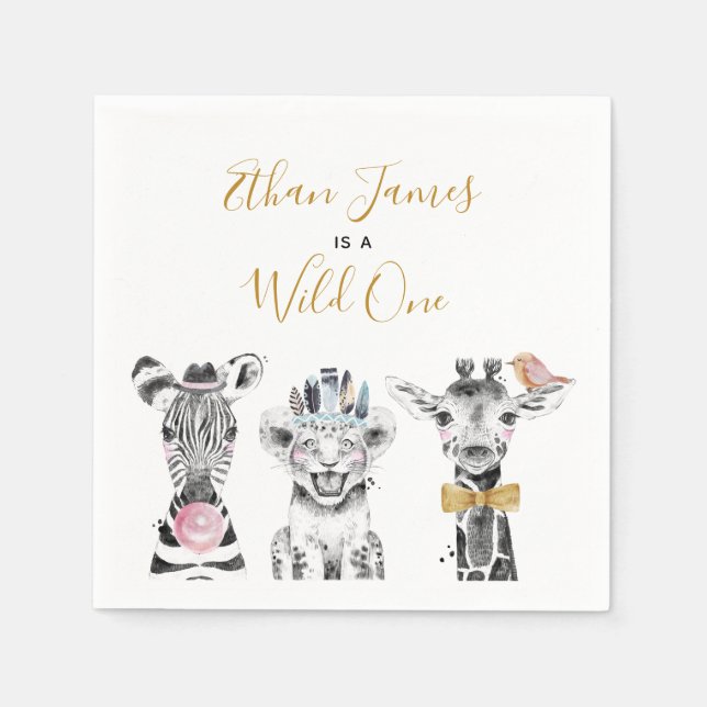 Guardanapo De Papel Um Animal Selvagem Safari Preto Branco Dourado Ani (Frente)