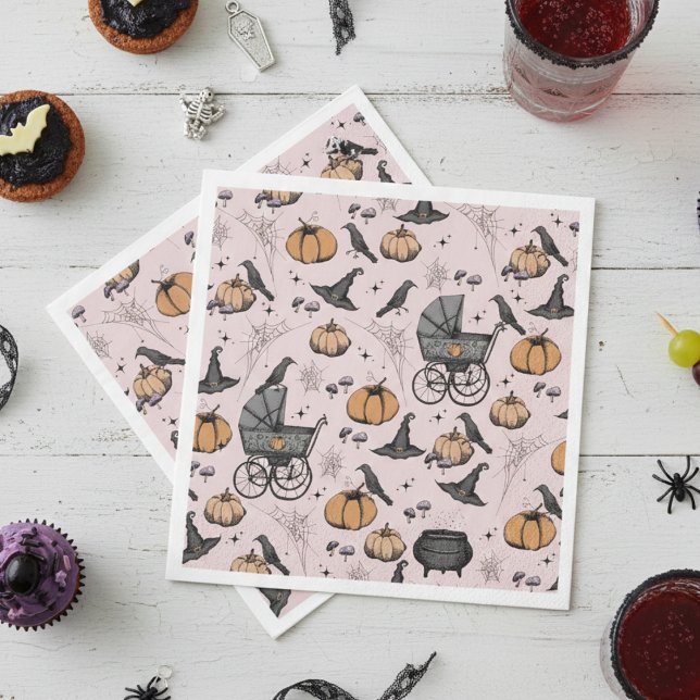 Guardanapo De Papel Um Bebê está criando Carruagem de Bebê Vitoriano R (Pink Gothic Halloween Baby Shower Paper Napkins. Vintage Baby Carriage, Black Raven, Pumpkin & Web)