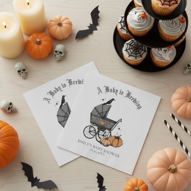Guardanapo De Papel Um bebê está criando um Chá de fraldas neutro para (Spooky Vintage Baby Carriage Halloween Baby Shower Napkins in White. Gothic Black Raven and Pumpkins)