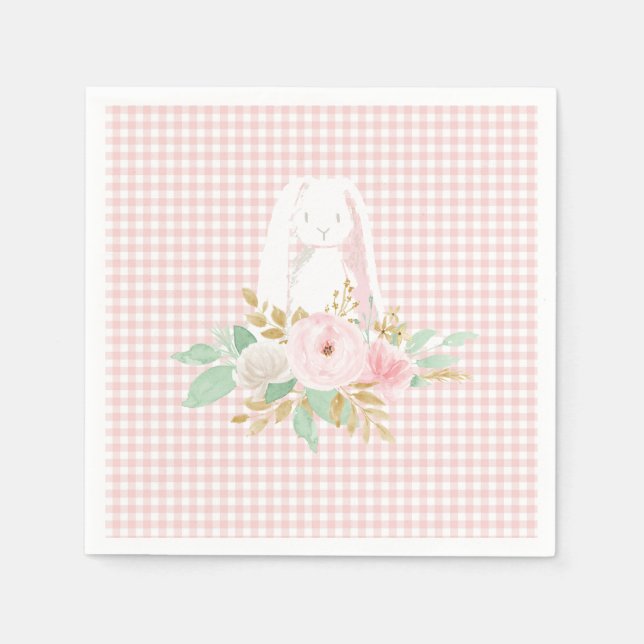 Guardanapo De Papel Um Bunny é um aniversário de Gingham Floral Rosa (Frente)