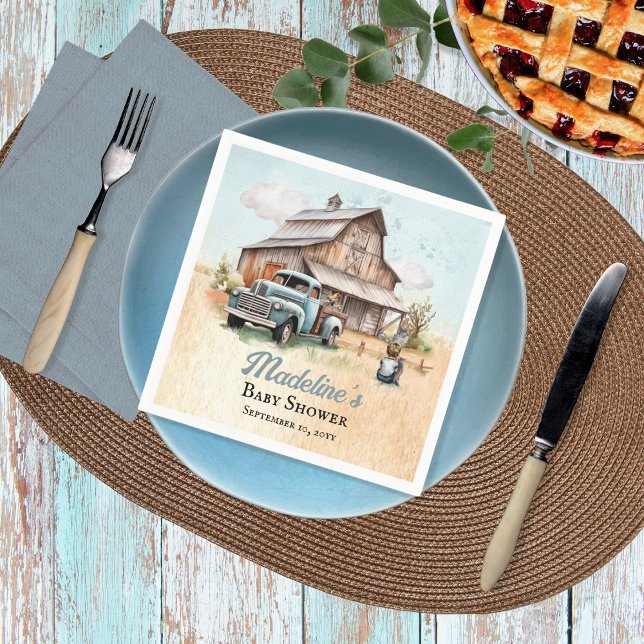 Guardanapo De Papel Um Chá de fraldas de fazendeiro bonito ("A Cute Little Farm Boy Is On His Way!" Rustic Barn and Vintage Truck Boy Baby Shower Paper Napkins)