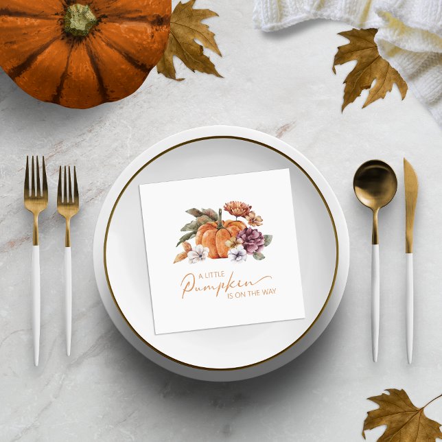 Guardanapo De Papel Um Chuveirinho de Pequeno Abóbora Baby Shower (A Little Pumpkin Is On The Way Watercolor Pumpkins and Florals Baby Shower Paper Napkin Decor)