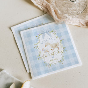 Guardanapo De Papel Um Ganso Bobo Azul Gingham Menino 1º Aniversário