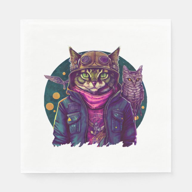 Guardanapo De Papel Um Gato E Uma Coruja  (Frente)
