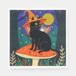 Guardanapo De Papel Um Pequeno Gato Preto e Bruxo Sentado em um Cogume