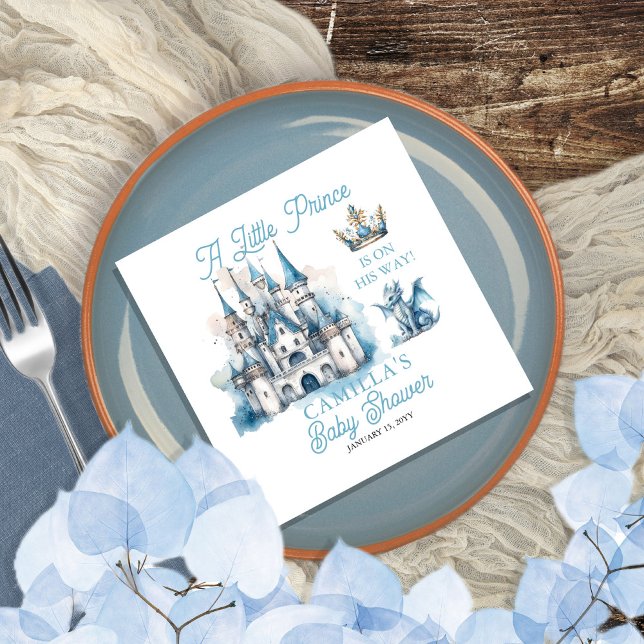 Guardanapo De Papel Um Pequeno Príncipe Está A Caminho Do Chá de frald ("A Little Prince Is On His Way!" royal-themed Baby Shower party napkins.)