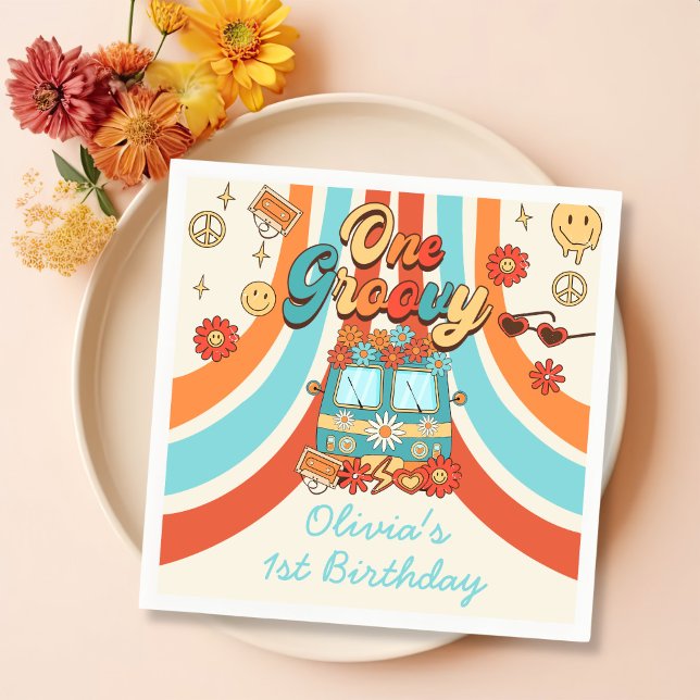 Guardanapo De Papel Um primeiro aniversario Retro Arco-Íris de Groovy (Criador carregado)
