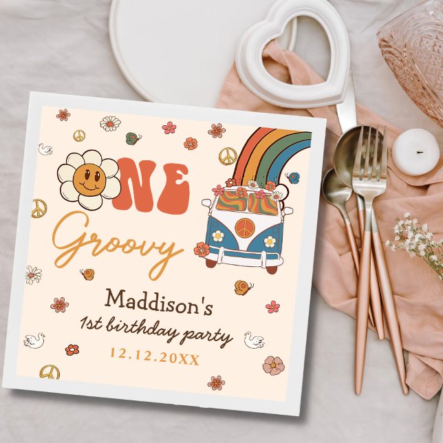 Guardanapo De Papel Um primeiro aniversario Retro Arco-Íris de Groovy (Criador carregado)