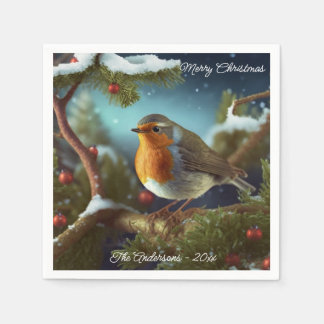 Guardanapo De Papel Uma bela Robin em uma prata de árvores de Natal