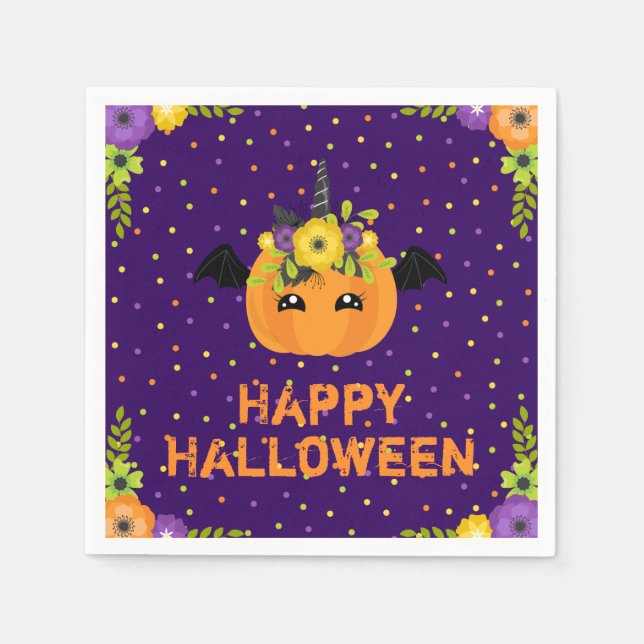 Guardanapo De Papel Unicorn Pumpkin Feliz Halloween Purple Napkins (Frente)
