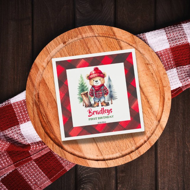 Guardanapo De Papel Ursinho de pelúcia bonitinho de mesa do Lumberjack (Lumberjack birthday tableware personalized napkins cute teddy bear in lumberjack clothes fir trees)
