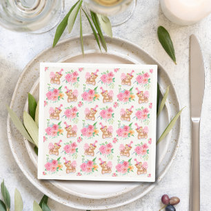 Guardanapo De Papel Ursinho de pelúcia menina rosa com sorvete e peôni