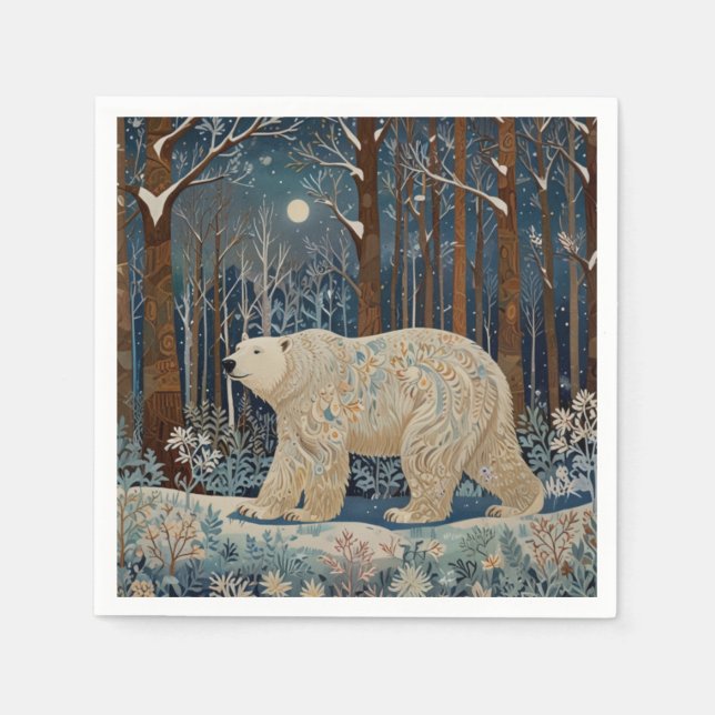 Guardanapo De Papel Urso branco retrógrado boho floresta de inverno (Frente)