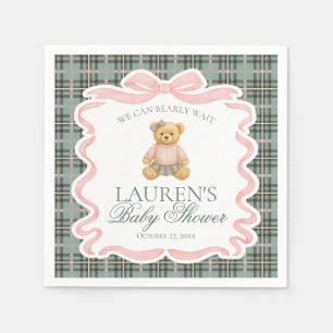 Guardanapo De Papel Urso com Laço Coquete Rosa Festa de Bebê Xadrez Ta