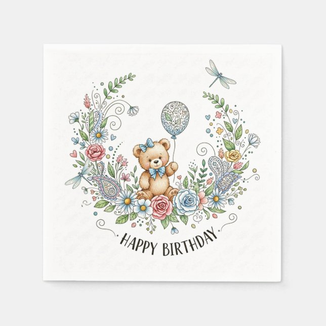 Guardanapo De Papel urso de aniversário floral boho (Frente)