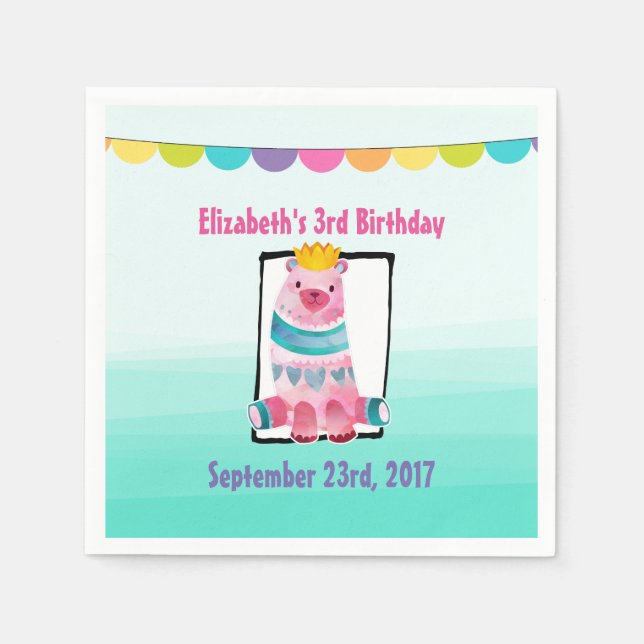 Guardanapo De Papel Urso de Aquarela Cuja Coroa Veste Aniversário (Frente)