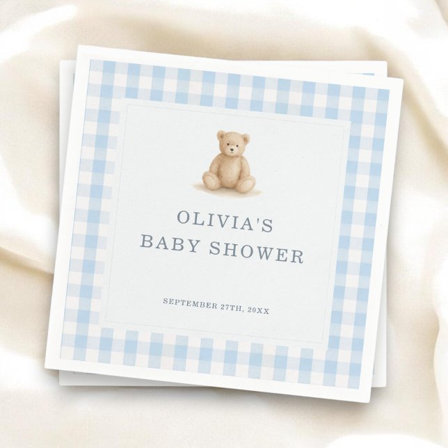 Guardanapo De Papel Urso de Gingham Azul Festa de Chá de Bebê Menino (Criador carregado)