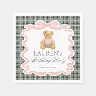 Guardanapo De Papel Urso de Laço Coquete Rosa Aniversário Xadrez Tartã