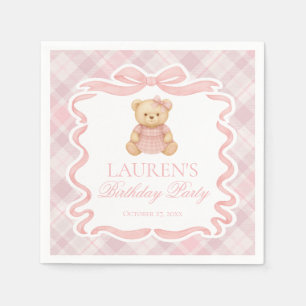 Guardanapo De Papel Urso de Laço Coquete Rosa Xadrez Tartan Aniversári