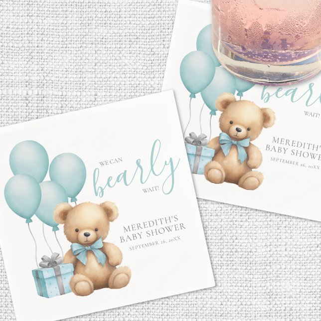Guardanapo De Papel Urso de Pelúcia Balão Azul Chá de Bebê (Blue Balloon Teddy Bear Baby Shower Napkins)
