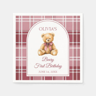 Guardanapo De Papel Urso de pelúcia com laço rosa para 1º aniversário