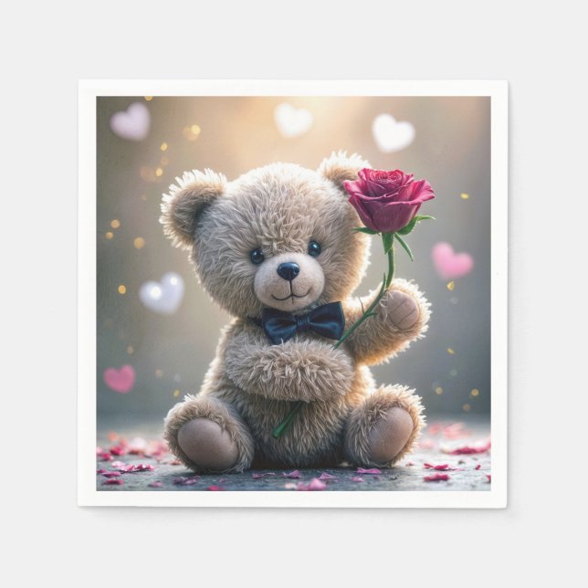 Guardanapo De Papel Urso de Pelúcia Com Rosa Vermelha (Frente)