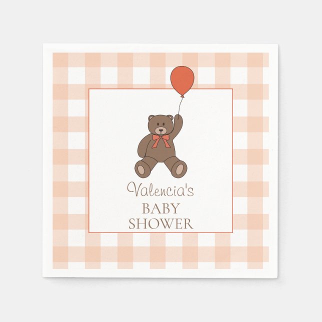 Guardanapo De Papel Urso de Pelúcia e Balão Laranja Branco Chá de Bebê (Frente)