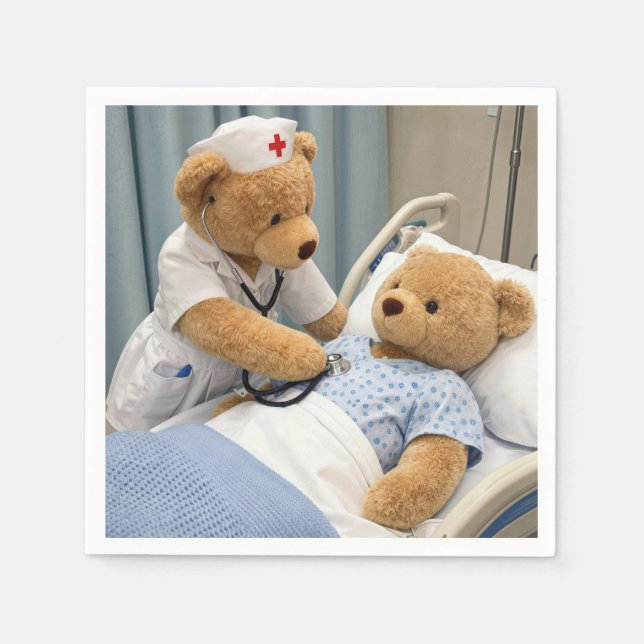 Guardanapo De Papel Urso de pelúcia enfermeira com estetoscópio  (Frente)