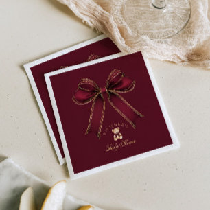 Guardanapo De Papel Urso de pelúcia luxuoso com laço dourado burgundy