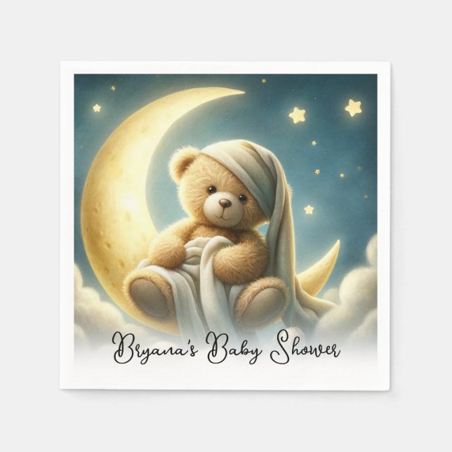 Guardanapo De Papel Urso de Pelúcia na Lua Luz das Estrelas Chá de Beb (Frente)