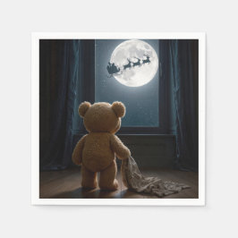 Guardanapo De Papel Urso de pelúcia observando o Papai Noel e as renas