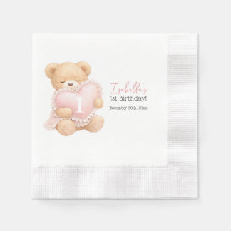 Guardanapo De Papel Urso de Pelúcia Rosa Menina de Xadrez 1º Aniversár