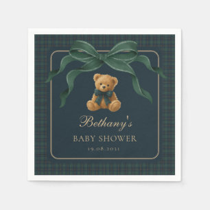 Guardanapo De Papel Urso de pelúcia xadrez vintage com laço verde
