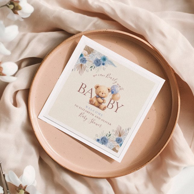 Guardanapo De Papel Urso De Teddy Bonito Dois Balões Flores Azuis (Criador carregado)