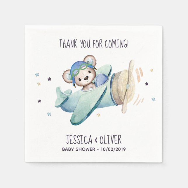 Guardanapo De Papel Urso de Teddy Piloto de Avião a Aquarela (Frente)