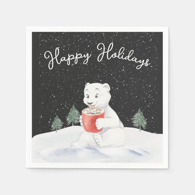 Guardanapo De Papel Urso Polar De Aquarela Com Cacau Quente (Frente)