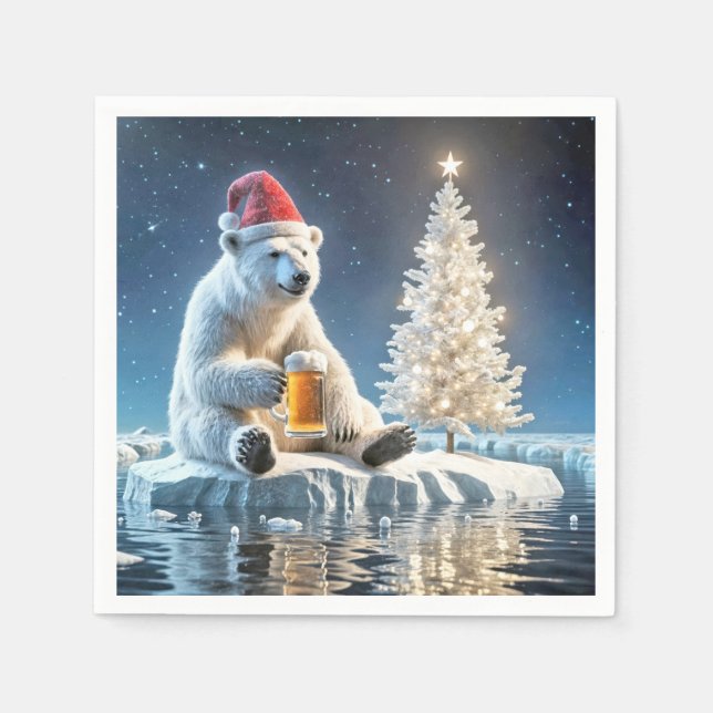Guardanapo De Papel Urso Polar De Natal Com Cerveja (Frente)