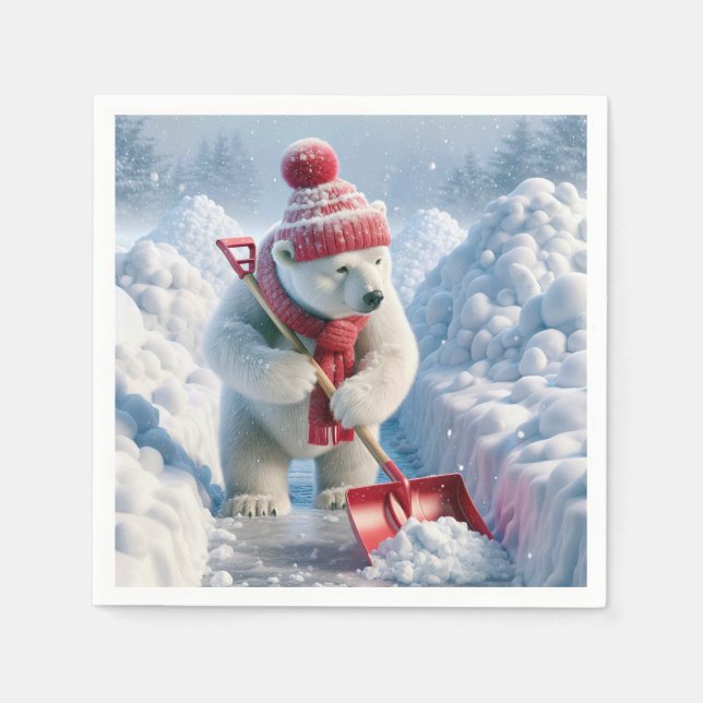 Guardanapo De Papel Urso Polar de Natal Com Pá Vermelha (Frente)