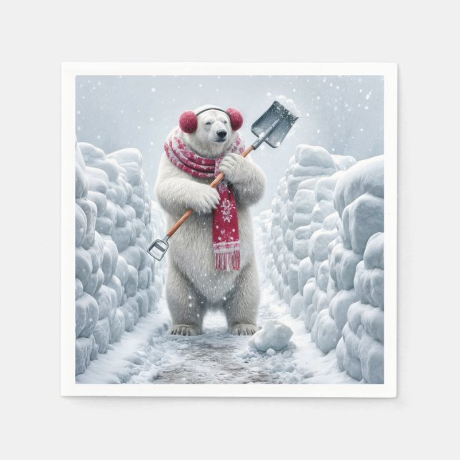 Guardanapo De Papel Urso Polar De Natal Removendo Neve (Frente)