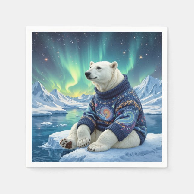 Guardanapo De Papel Urso Polar Sentado Sob Luzes do Norte (Frente)