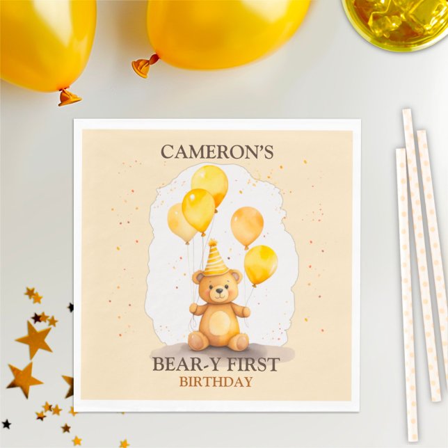 Guardanapo De Papel Urso Primeiro Aniversário Sexo Neutro Urso Amarelo (Criador carregado)