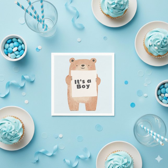 Guardanapo De Papel Urso segurando sinal azul-chá de fraldas (Blue it's a boy teddy bear, baby shower, gender reveal party napkin.)