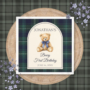 Guardanapo De Papel Urso Teddy Azul Preppy 1º Aniversário