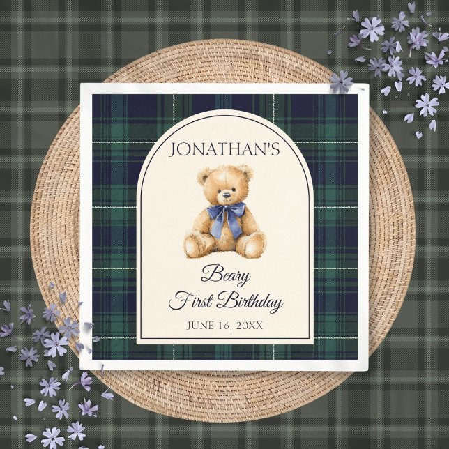 Guardanapo De Papel Urso Teddy com Laço Azul 1º Aniversário (Blue Bow Preppy Teddy Bear 1st Birthday Napkins)
