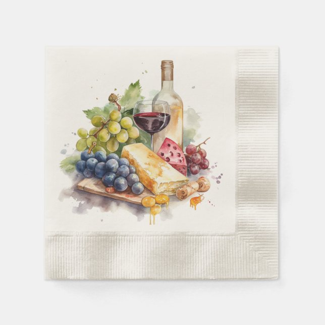 Guardanapo De Papel Uvas De Vinho Queijo Vidro Aquarela (Frente)