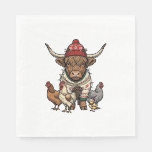 Guardanapo De Papel Vaca Alta Escocesa de Natal e Galinhas Xilogravura