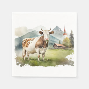 Guardanapo De Papel Vaca De Aquarela Em Vale De Montanha