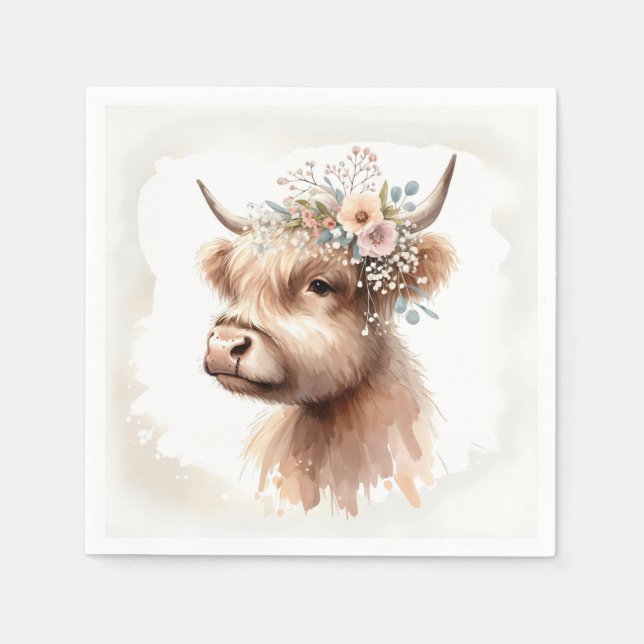 Guardanapo De Papel Vaca De Boho Highland Com Flores De Brida (Frente)