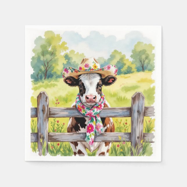 Guardanapo De Papel Vaca em aquarela usando um chapéu de verão (Frente)