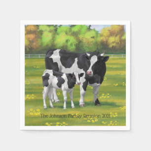 Guardanapo De Papel Vaca Holstein e Vitelo Fresco na Pastagem de Verão